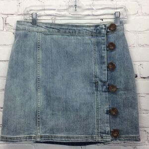 Wishlist Blue Jean Mini Skirt Women's Size S Denim Faux Wrap Button Up Stretch